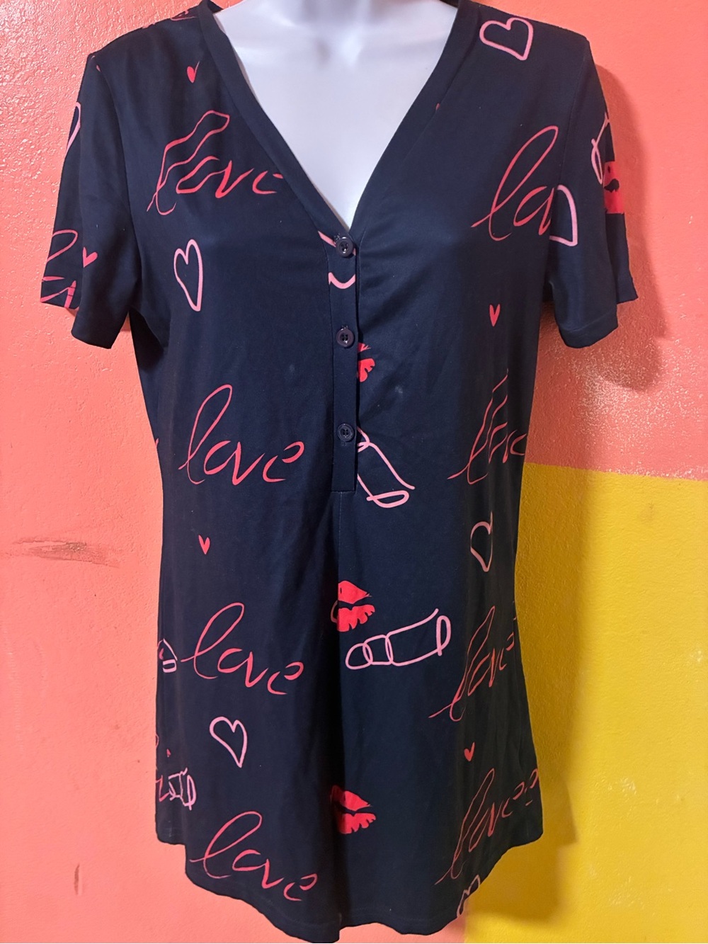 Black V-Neck Button Front Tunic with Pink Love Print